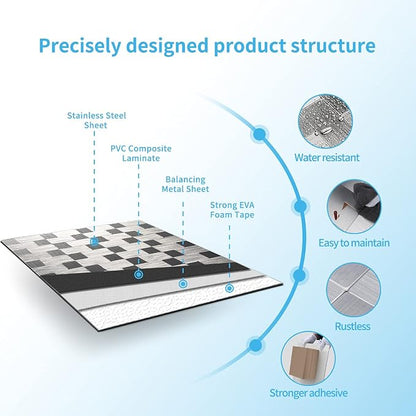 Art3d 10-Pack Metal Peel and Stick Backsplash Tile, Silver Aluminium | 12" x 12", Stainless Steel, Self Adhesive, Anti-Corrosion, Waterproof, Lightweight, Ideal for Kitchens, Bathrooms