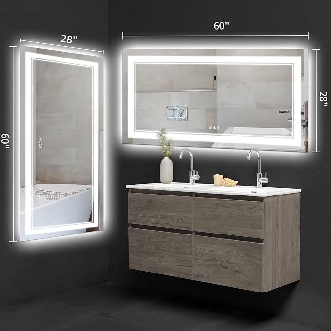60x28 Inch LED Bathroom Mirror with Lights | Front and Backlit, 3 Colors, Dimmable, Memory, Anti Fog, Shatterproof, Horizontal/Vertical, Lighted Mirrors for Bathroom Wall