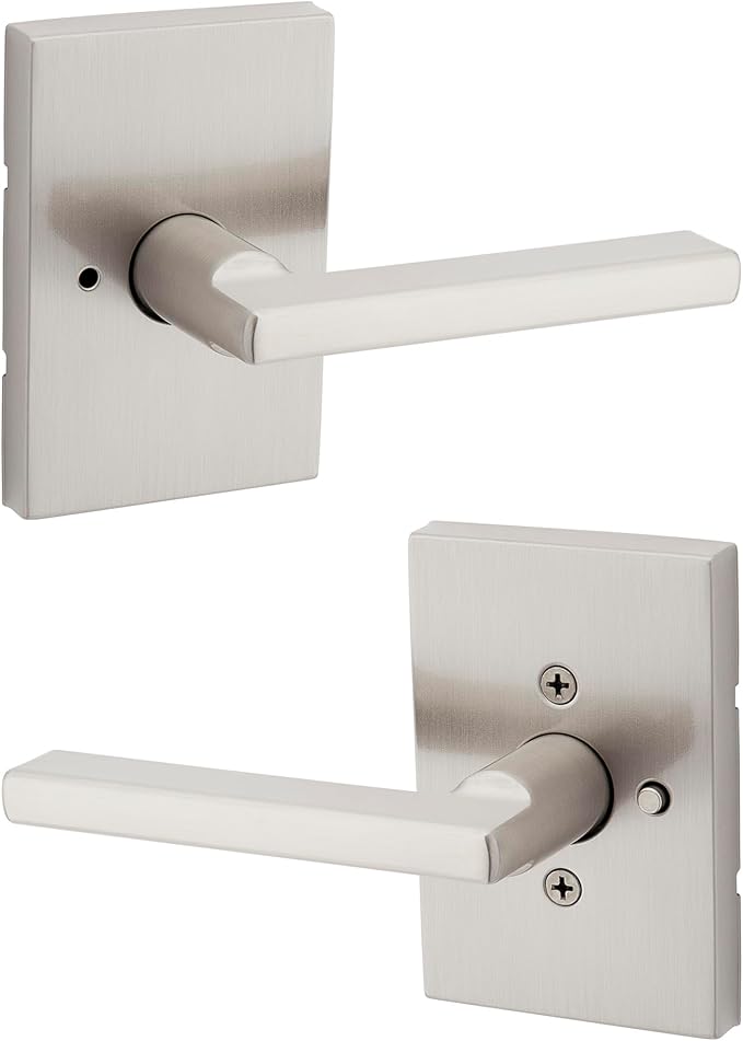 Kwikset Halifax Interior Privacy Door Handle with Lock, Door Lever For Bathroom and Bedroom, Satin Nickel Reversible Keyless Push Button Lock Door Lever, with Microban Protection