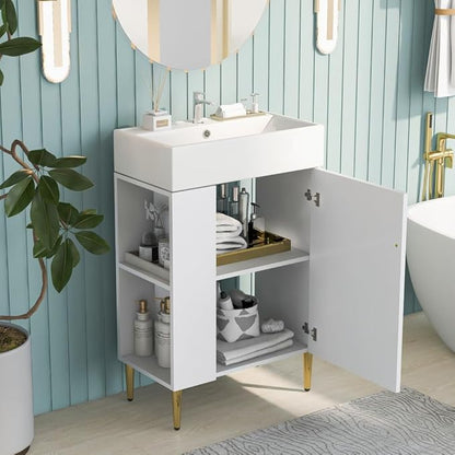 22" Small Bathroom Vanity with Sink, Morden Bathroom Vanities with Soft-Close Door and Open Shelf, Freestanding Narrow Vanity for Compact Space-Saving Bathrooms (White,22" Freestanding Left Shelf)