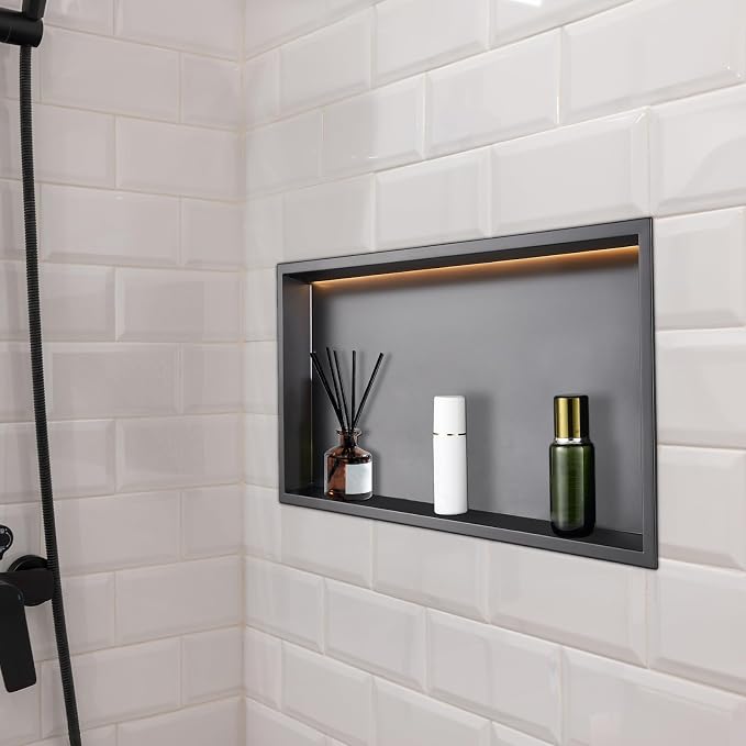 VEVOR Shower Niche, 13 x 25 x 4 inch Recessed Wall Niche with LED Strip,Heavy-Duty Stainless Steel Modern Shampoo Storage Organizer,Sealed Waterproof, Durable & Easy to Install,Black for Bathroom