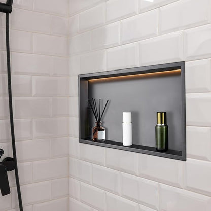 VEVOR Shower Niche, 13 x 25 x 4 inch Recessed Wall Niche with LED Strip,Heavy-Duty Stainless Steel Modern Shampoo Storage Organizer,Sealed Waterproof, Durable & Easy to Install,Black for Bathroom