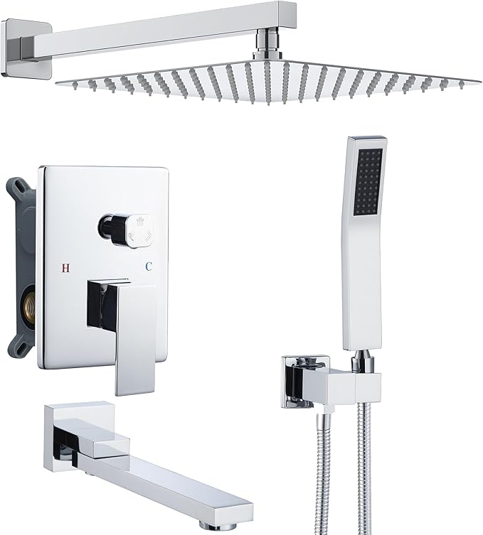 DASAN Tub Shower Faucets Sets Complete Chrome Bathtub Shower System with Tub Spout, Bathtub Faucet Set Tub and Shower Faucet Combo Trim Kit with Rough-in Valve, DA-SS03PC-S10W