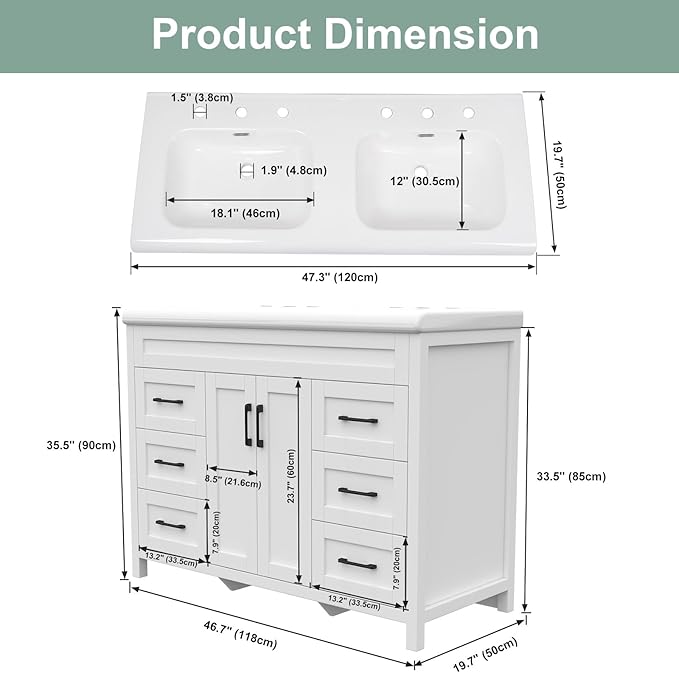 48 Inch Bathroom Vanity with Sink, Bathroom Vanity Cabinet with Doulble Sink, Bath Vanities with 2 Doors and 4 Drawers, White (20" D x 48" W x 36" H)