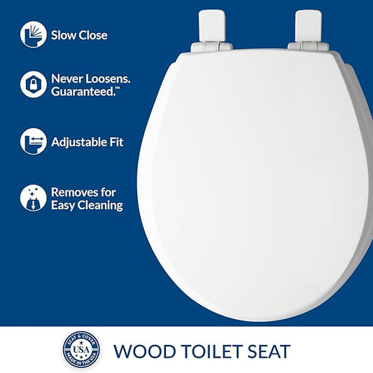 Mayfair Cassel Slow Close Toilet Seat, Easy Clean, Non Slip Premium Wood Seat, Easy Install, Made in USA, Round, White, 4-Pack