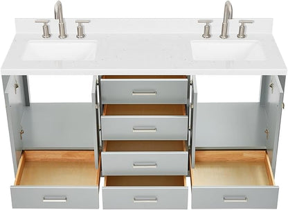 ARIEL Cambridge 66-inch Bathroom Vanity with Sink,Solid Wood, 1.5-inch Carrara White Quartz Countertop, Double Rectangular Porcelain Sink, 4 Soft Closing Doors, 6 Dovetail Drawers, Grey
