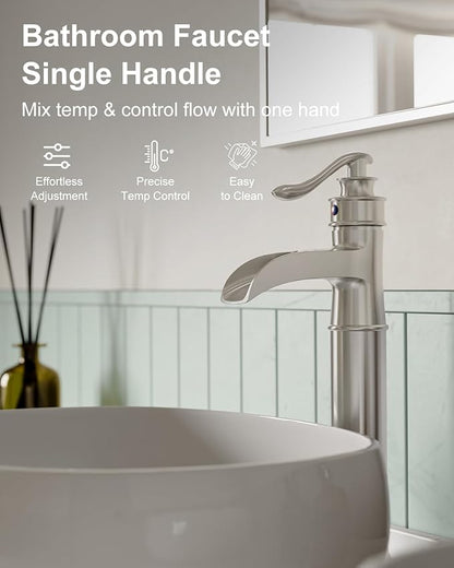 BWE Waterfall Vessel Sink Faucet Brushed Nickel Bathroom Faucet Single Handle Tall Single Hole Bathroom Sink Faucet Commercial Mixer Tap with Pop Up Drain Assembly and Supply Line