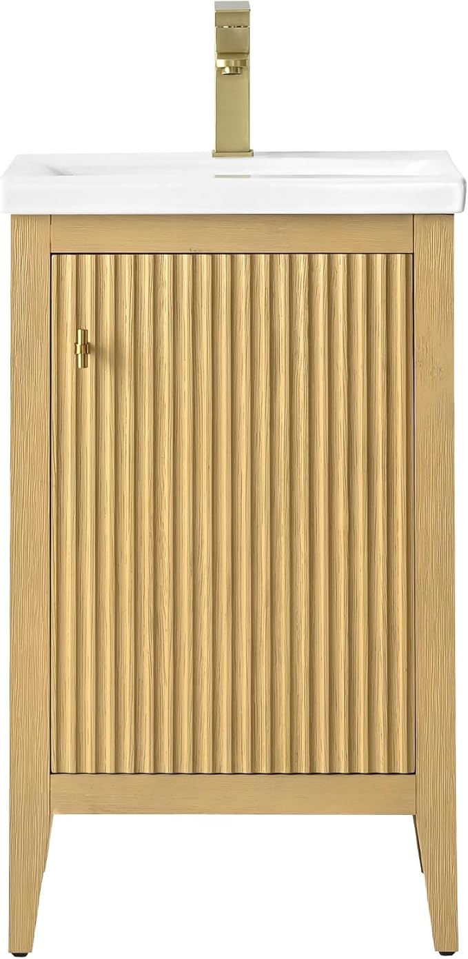 HOMEBEYOND 20" Bathroom Vanity with Ceramic Sink, Solid Wood Free-Standing Vanities Cabinet, Ceramic Top, Golden Brushed Hardware & Soft Closing Door, Natural Oak