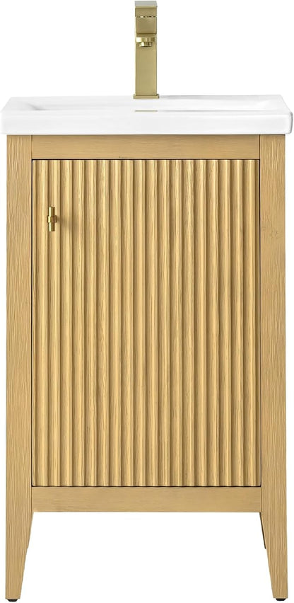HOMEBEYOND 20" Bathroom Vanity with Ceramic Sink, Solid Wood Free-Standing Vanities Cabinet, Ceramic Top, Golden Brushed Hardware & Soft Closing Door, Natural Oak