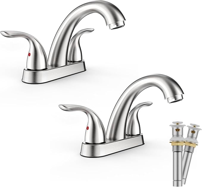Phiestina Centerset 4 Inch Brushed Nickel 2 or 3 Holes Stainless Steel Bathroom Sink Faucet 2 Pack, 2 Handle Bathroom Faucet with Copper Pop Up Drain and Water Supply Lines, BF008-5-BN-2PACK