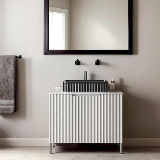 30" Bathroom Vanity with Sink, Modern Bathroom Storage Cabinet with Black Rectangular Ceramic Basin and Sintered Stone Countertop, Soft Closing Door, Freestanding Bathroom Vanities, White