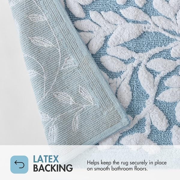 Madison Park Serene Tufted Bath Rug Cotton Absorbent, 21 x 34, Blue | Quick Dry, Soft Pile, Machine Washable, Floral Pattern, Plush, OEKO-TEX Certified