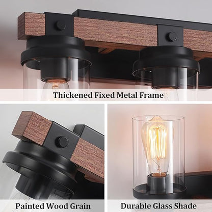 3 Light Farmhouse Vanity Light, Rustic Black Bathroom Light Over Mirror with Clear Glass Shade, Wood Grain Vintage Farmhouse Wall Sconces for Bathroom, Living Room, Hallway