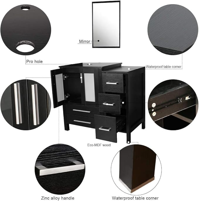 UEV 60" Double Sink Bathroom Vanity,Black Bathroom Vanity with Double Side Vanity Cabinets & Removable 3 Drawer Storage Cabinet with ModernVessel Sink,Mirror Not Included(029CH)