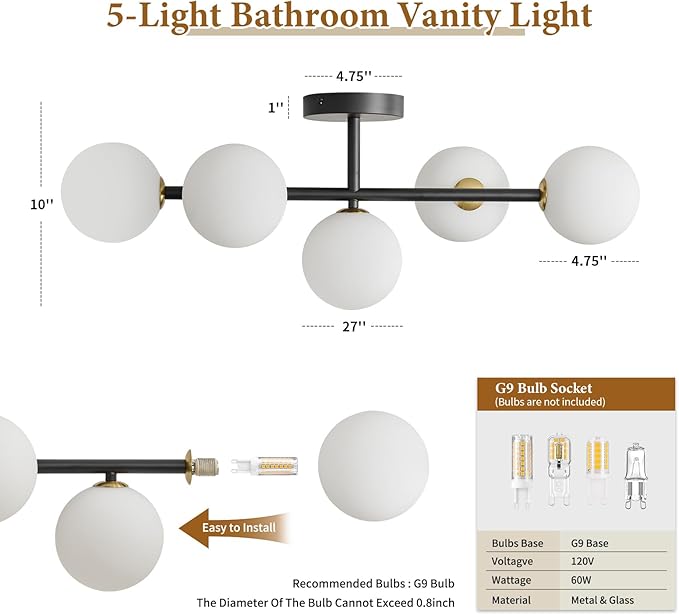 Bathroom Vanity Mirror Light Fixtures: 5 Lights Bath Wall Sconce Lighting - Brass Black Vanity Lights with Milk Glass Shade - Modern Minimalist Makeup Light Fixture Above Mirror for Hallway G9 Base