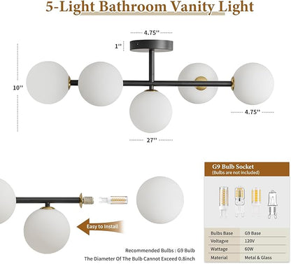 Bathroom Vanity Mirror Light Fixtures: 5 Lights Bath Wall Sconce Lighting - Brass Black Vanity Lights with Milk Glass Shade - Modern Minimalist Makeup Light Fixture Above Mirror for Hallway G9 Base