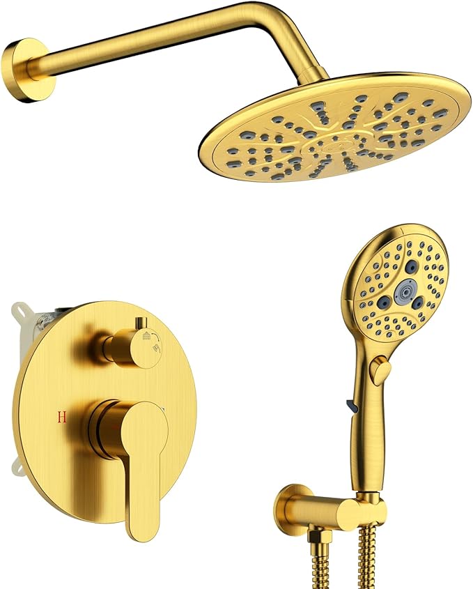 Suncleanse Gold Shower Faucet Sets - 8.5" Rain Shower Head Combo with 7-Setting handheld Spray Complete Shower System - Rainfall Shower Fixtures with Rough-in Valve and Trim Kit for Luxury Bathroom