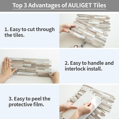 AULIGET 20 Sheets Peel and Stick Backsplash, Beige Wood Look PVC Mixed Metal Stick on Backsplash Tiles for Kitchen