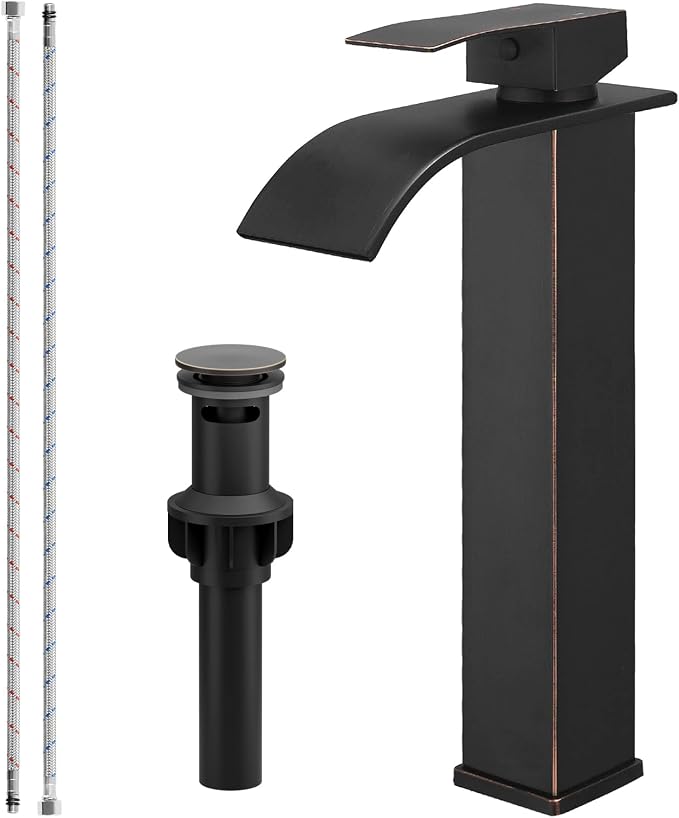 Bathroom Faucet Oil Rubbed Bronze, Bathfinesse Faucet for Bathroom Sink 1 Hole One Handle Deck Mount Veseel Sink Bowl with Pop-up Drain Stopper and Supply Hoses