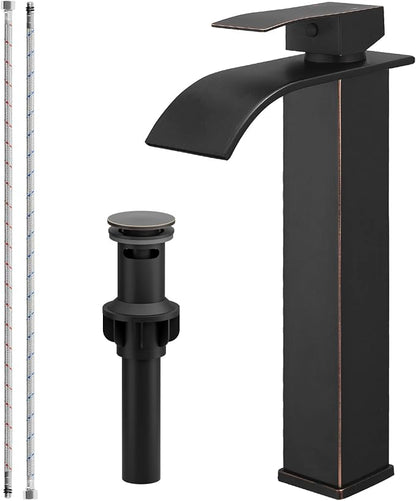 Bathroom Faucet Oil Rubbed Bronze, Bathfinesse Faucet for Bathroom Sink 1 Hole One Handle Deck Mount Veseel Sink Bowl with Pop-up Drain Stopper and Supply Hoses