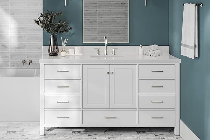 ARIEL Cambridge 66-inch Bathroom Vanity Base Cabinet,Solid Wood, 2 Soft Closing Doors, 9 Dovetail Drawers, White