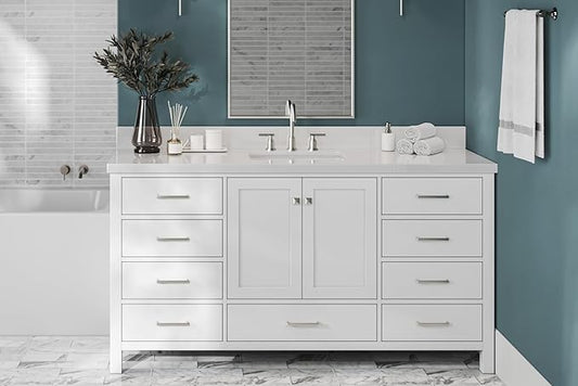 ARIEL Cambridge 66-inch Bathroom Vanity Base Cabinet,Solid Wood, 2 Soft Closing Doors, 9 Dovetail Drawers, White
