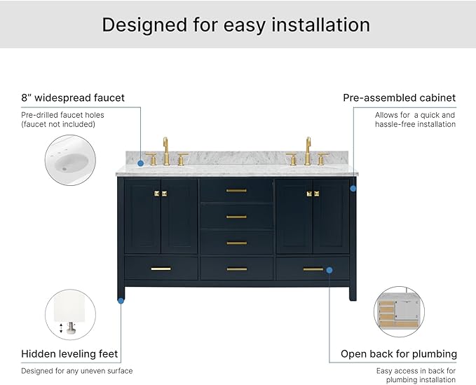 ARIEL Cambridge 66-inch Bathroom Vanity with Sink,Solid Wood, 0.75-inch Italian Carrara Marble Countertop, Double Oval Porcelain Sink, 4 Soft Closing Doors, 6 Dovetail Drawers, Midnight Blue