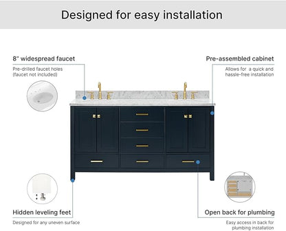 ARIEL Cambridge 66-inch Bathroom Vanity with Sink,Solid Wood, 0.75-inch Italian Carrara Marble Countertop, Double Oval Porcelain Sink, 4 Soft Closing Doors, 6 Dovetail Drawers, Midnight Blue