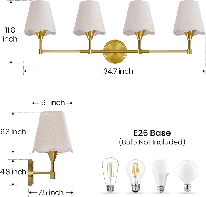 Gold Bathroom Vanity Light Fixtures: Brushed Gold Vanity Lights Over Mirror with Flared Fabric Shade, Modern Bathroom Lighting Fixtures, 4 Light Wall Sconces Lights for Bedroom Hallway Living Room
