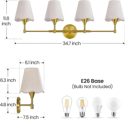 Gold Bathroom Vanity Light Fixtures: Brushed Gold Vanity Lights Over Mirror with Flared Fabric Shade, Modern Bathroom Lighting Fixtures, 4 Light Wall Sconces Lights for Bedroom Hallway Living Room