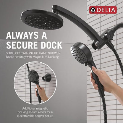 Delta 6-Setting PivotPro 3-in-1 Combination Shower Head with ProClean Spray, Matte Black Round Shower Head Rainfall with Handheld Spray, 1.75 GPM, Matte Black 75649BL