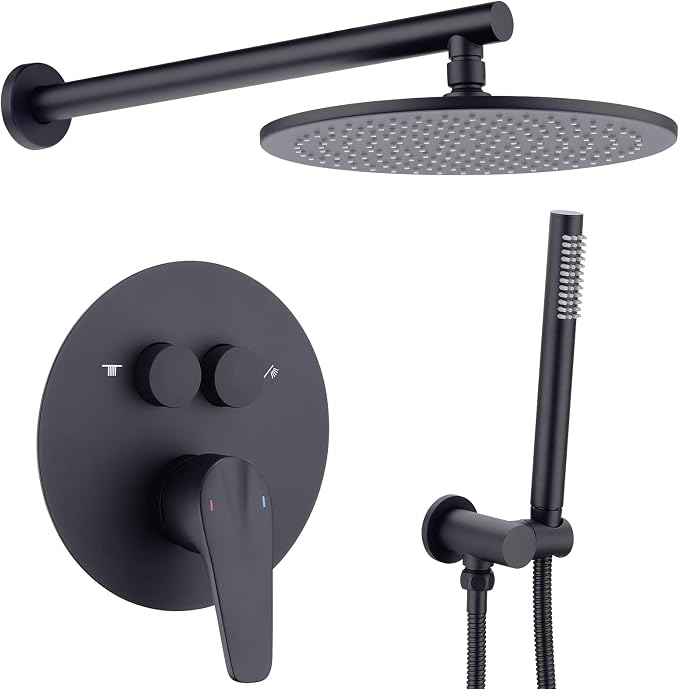 TRUSTMI 10" Push Button Rain Shower, Pressure Balanced Valve, Matte Black | Solid brass wall mount kit with handheld sprayer. cUPC anti-scald valve protects the whole family