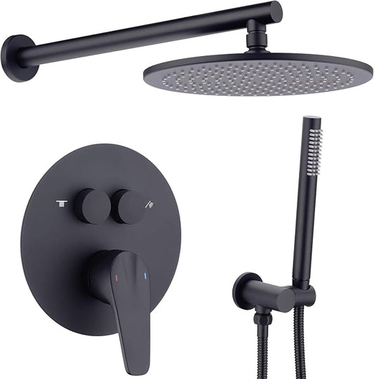 TRUSTMI 10" Push Button Rain Shower, Pressure Balanced Valve, Matte Black | Solid brass wall mount kit with handheld sprayer. cUPC anti-scald valve protects the whole family