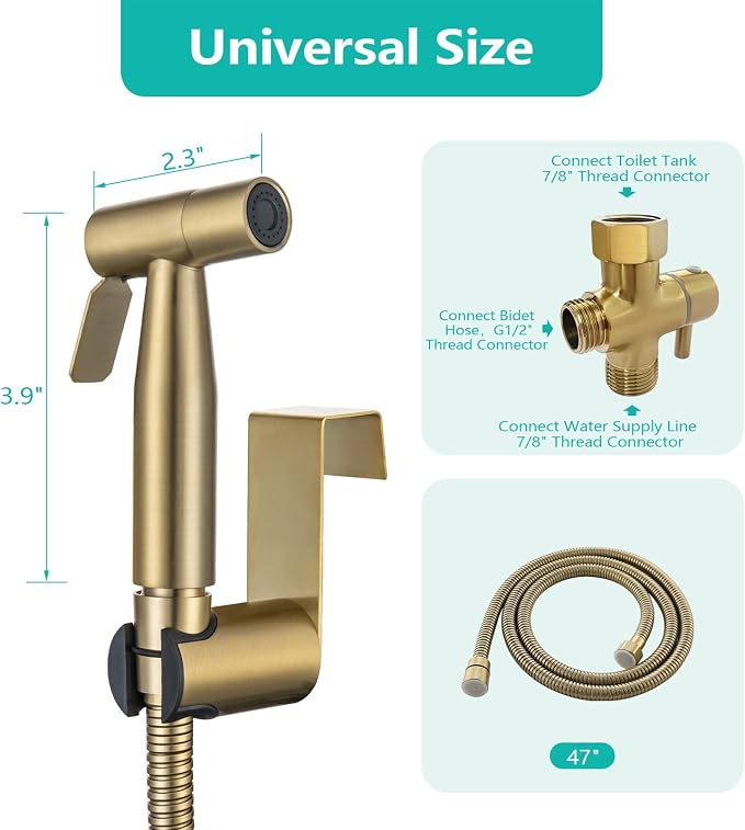 BARROCK Bidet Sprayer for Toilet, Handheld Jet Spray for Existing Toilets with Bidet Hose, Adjustable Water Pressure Muslim Shower, Stainless Steel Cloth Diaper/Feminine Wash Sprayer Brushed Gold
