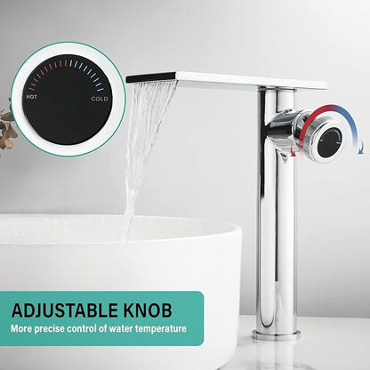 becola Modern Chrome Bathroom Faucet，Tall Waterfall Faucet for Bathroom Sink，Single Hole Cold and Hot Basin Mixer Tap，Single Handle Vanity Faucet with Adjust Knobs and Two Supply Lines