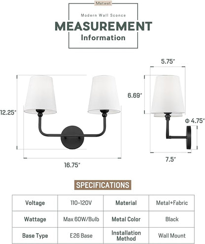 2-Light Bathroom Light Fixtures, Matte Black Vanity Lights, Double Wall Sconce with Flared White Fabric Shade, Modern Sconces Wall Lighting for Hallway Bedroom Stairway, VL837-MB-2-S