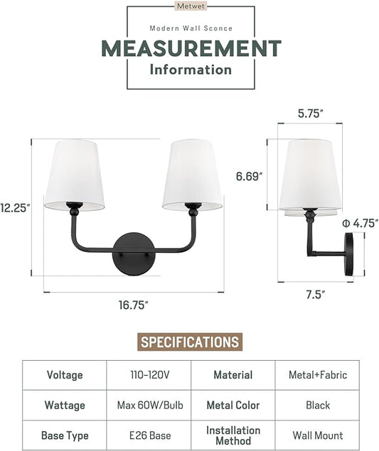 2-Light Bathroom Light Fixtures, Matte Black Vanity Lights, Double Wall Sconce with Flared White Fabric Shade, Modern Sconces Wall Lighting for Hallway Bedroom Stairway, VL837-MB-2-S