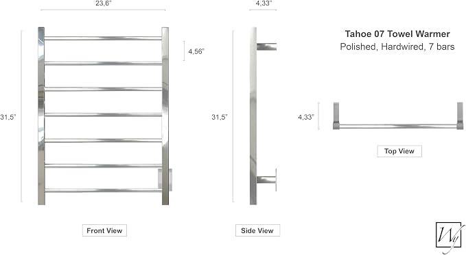 WarmlyYours Tahoe Heated Towel Rack, 7 Bars, Polished Stainless Steel | Hardwired 120V heated towel rack for spa-like bathroom comfort, 427 BTU/hr, energy-efficient towel drying