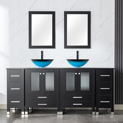 LUCKWIND 72" Double 24-in Bathroom Vanity with Sink Combo, Elegant Series with Two 12.6-in Side Cabinets, Painted Frame, Including Turquoise Square Sinks, Faucets Without Mirrors, Black