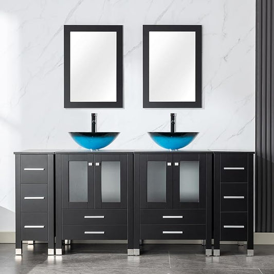 LUCKWIND 72" Double 24-in Bathroom Vanity with Sink Combo, Elegant Series with Two 12.6-in Side Cabinets, Painted Frame, Including Turquoise Square Sinks, Faucets Without Mirrors, Black