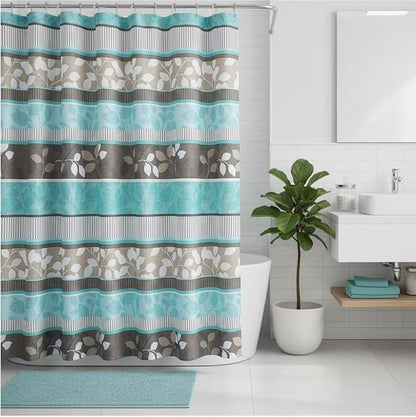 Serafina Home Hotel Quality Fabric Bathroom Shower Curtain: Striped Floral - Teal, Blue, Brown, Beige and White (72 x 70 inches)