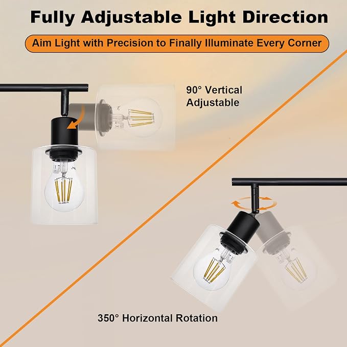 HiBay 2-Light Track Lighting Fixture Black, Glass Ceiling Wall Spotlight | Rotatable 2 Heads with Glass Shades, Modern Farmhouse Industrial, for Bedroom, Kitchen Sink, Loft, E26 Base