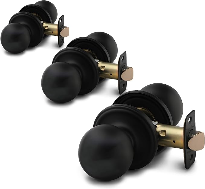 Copper Creek Colonial Passage Interior Door Knob – ANSI Grade-3 Certified, Modern Heavy Duty Handle, Easy Install and Reversible for Bedroom, Bathroom and Closets – Matte Black (3 Pack)