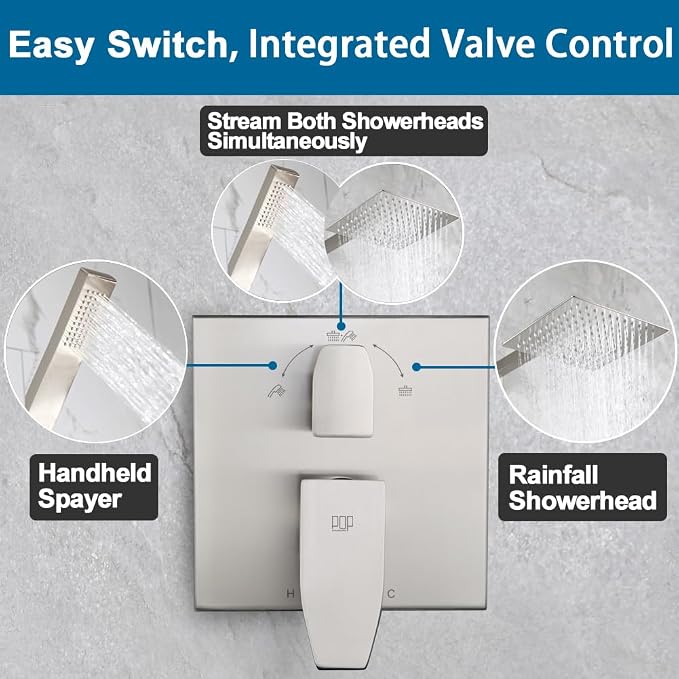 Shower Faucet Set Brushed Nickel Rainfall 8 Inch Shower Head and Handle Set Bathroom Rain Shower System Wall Mounted Shower Fixture Include Shower Valve and Trim Kit