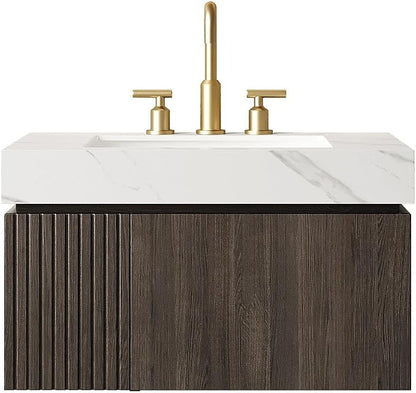 KEIKI 30 Inch Floating Bathroom Vanity with Sink, Espresso & White | Modern Wall Mounted Storage Cabinet w/ Drawer & Door, Pre-assembled Wood Panels, Sintered Stone Top & Ceramic Basin Combo Set