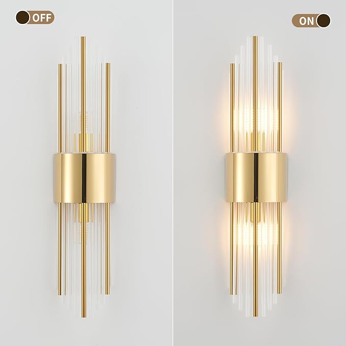 Modern Gold Crystal Wall Sconce, Gold Wall Light Vertical Rod Design，Vintage Looking Gold Metal Wall Sconce, for Living Room, Bedroom, Bathroom, Vanity, Staircase, Hallway