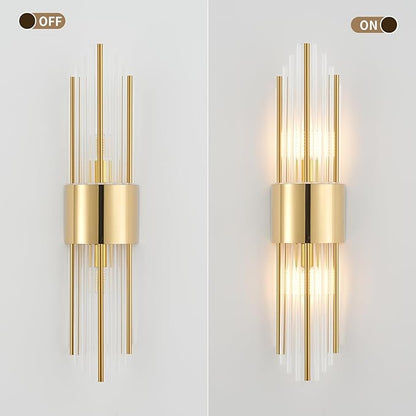 Modern Gold Crystal Wall Sconce, Gold Wall Light Vertical Rod Design，Vintage Looking Gold Metal Wall Sconce, for Living Room, Bedroom, Bathroom, Vanity, Staircase, Hallway