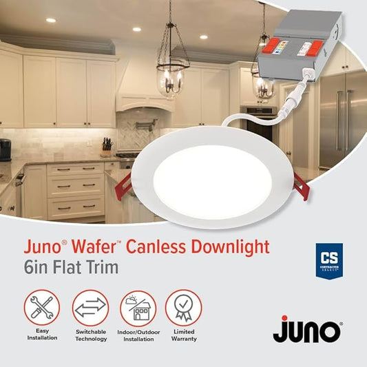 Juno LED Recessed Lights 6 Inch Round Baffle Wafer Downlight, 5-in-1 Switchable White Color Temperature, Adjustable Brightness, 120 Volts, 6-Inch Flat Trim, Matte White (24-Pack)