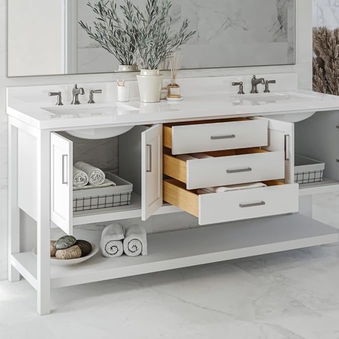 ARIEL Magnolia 72-inch Bathroom Vanity with Sink,Solid Wood, 1.5-inch Pure White Quartz Countertop & Backsplash, Double Rectangular Porcelain Sink, 4 Soft Closing Doors, 3 Dovetail Drawers, White