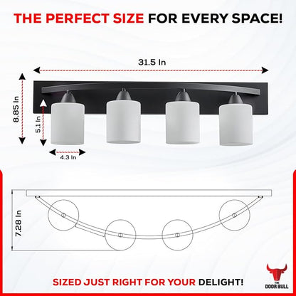 4-Light Bathroom Vanity Bar Light Fixture - Matte Black | Modern Frosted glass shades with E26 socket. Matte Wall sconce lighting perfect over mirror, kitchen, hallway, or entryway